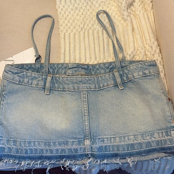 Zara Distressed Blue Denim Jean Strap Skirt Camisole Crop Tank Top SMALL - Picture 3 of 6